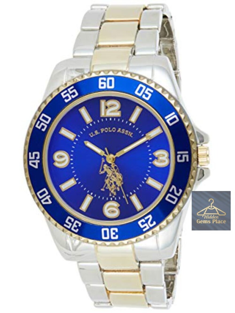 Men's Gold & Silver Two-Tone Metal Bracelet Quartz Analog Watch with Royal Blue